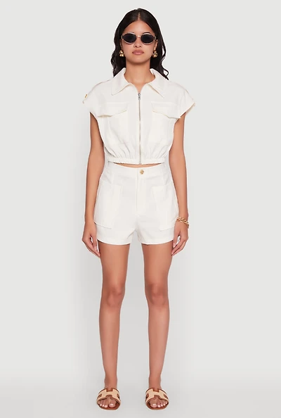 Womens Trendy High Waisted Twill Shorts with Front Pockets, White, Size L