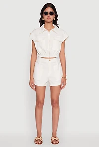 Womens Trendy High Waisted Twill Shorts with Front Pockets, White, Size L
