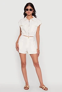 Womens Trendy High Waisted Twill Shorts with Front Pockets, White, Size L