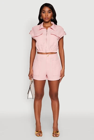 Womens Trendy High Waisted Twill Shorts with Front Pockets,