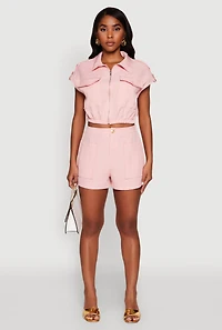 Trendy High Waisted Twill Shorts with Front Pockets