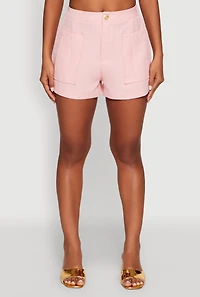 Womens Trendy High Waisted Twill Shorts with Front Pockets, Pink, Size M