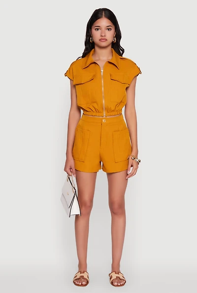 Trendy High Waisted Twill Shorts with Front Pockets