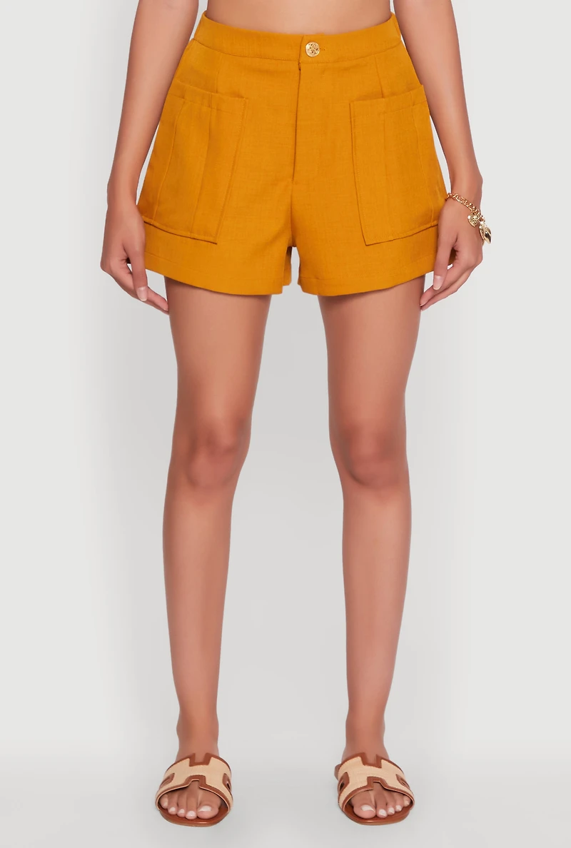 Trendy High Waisted Twill Shorts with Front Pockets