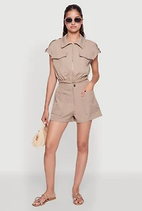 Trendy High Waisted Twill Shorts with Front Pockets