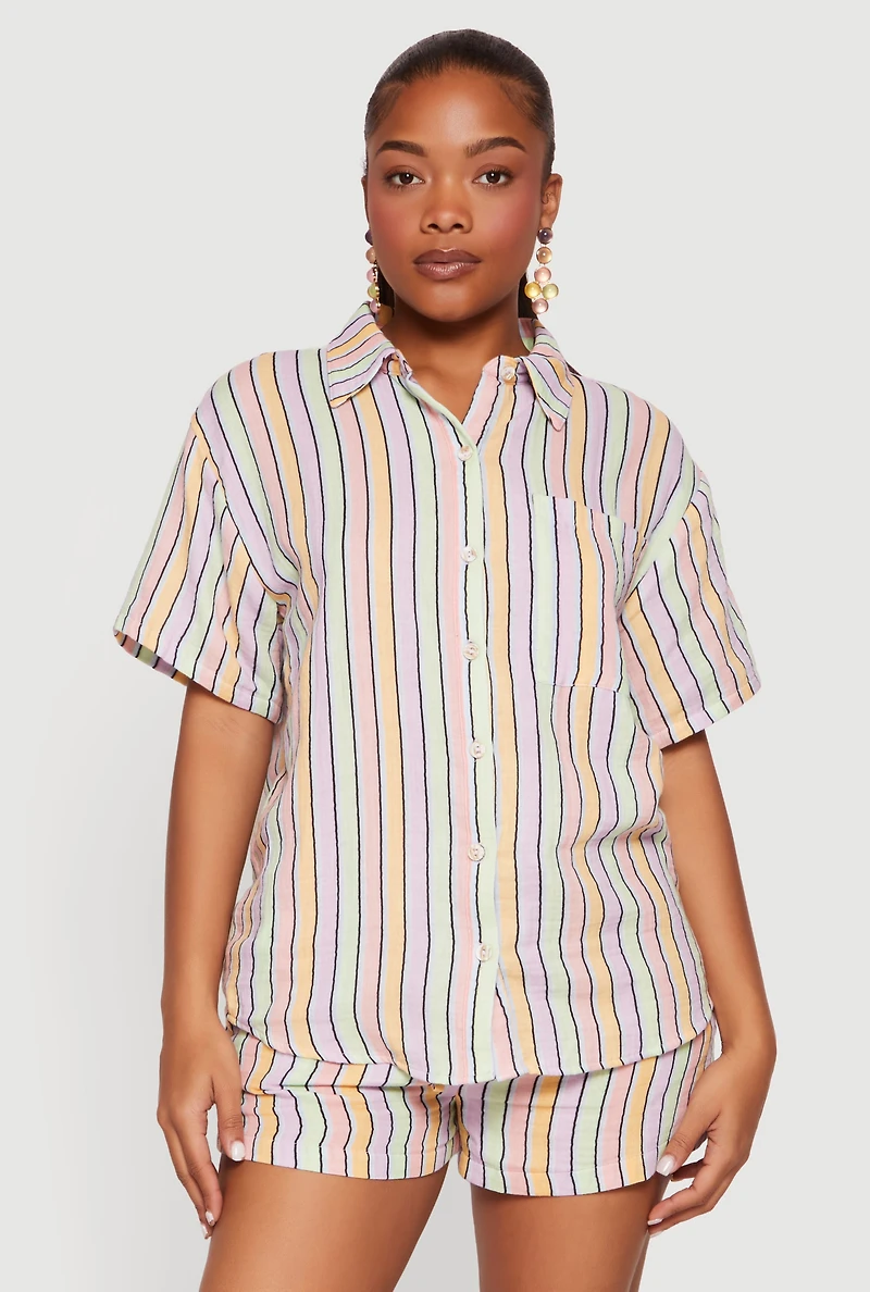 Button Front Short Sleeve Striped Shirt