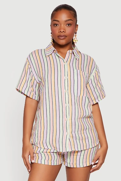 Button Front Short Sleeve Striped Shirt