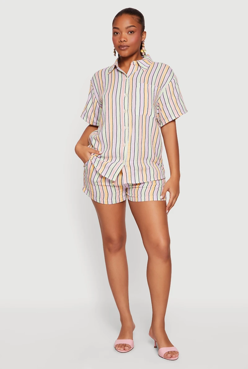 Button Front Short Sleeve Striped Shirt