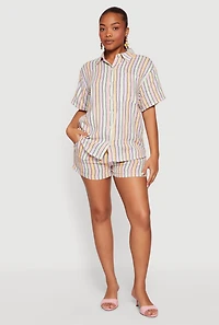 Button Front Short Sleeve Striped Shirt