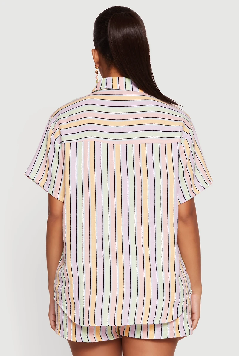 Button Front Short Sleeve Striped Shirt