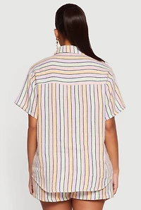 Button Front Short Sleeve Striped Shirt