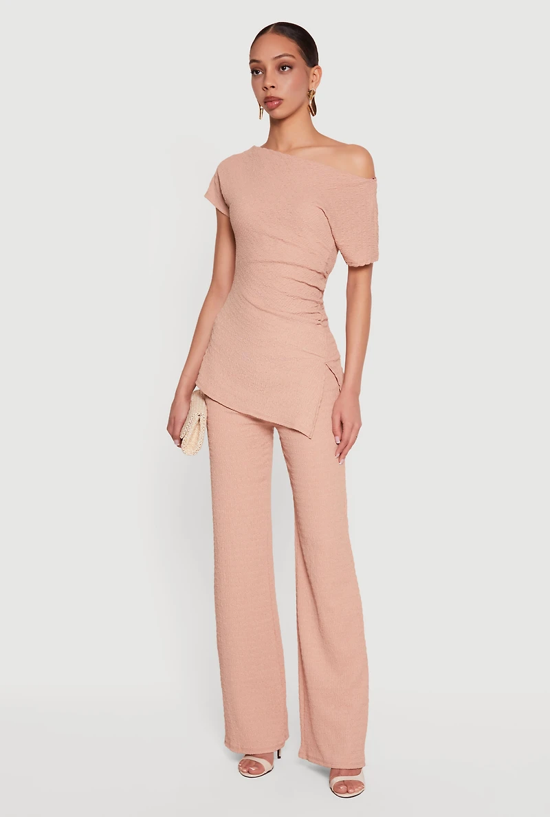 Textured Knit Ruched Side One Shoulder Top