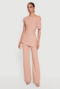 Textured Knit Ruched Side One Shoulder Top