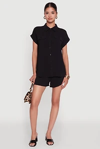 Womens Chic Crepe Knit Button Front Shirt with Flap Pockets, Black, Size S