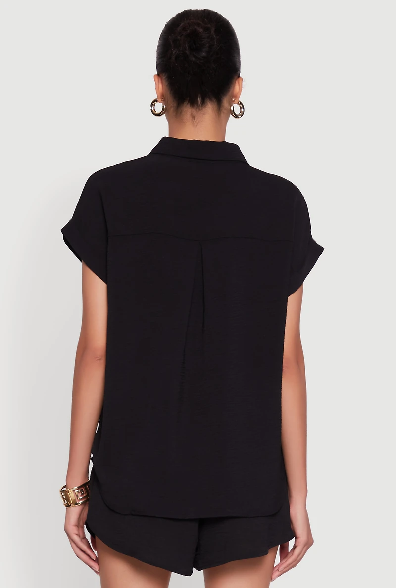 Womens Chic Crepe Knit Button Front Shirt with Flap Pockets, Black, Size S