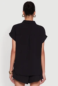 Womens Chic Crepe Knit Button Front Shirt with Flap Pockets, Black, Size S