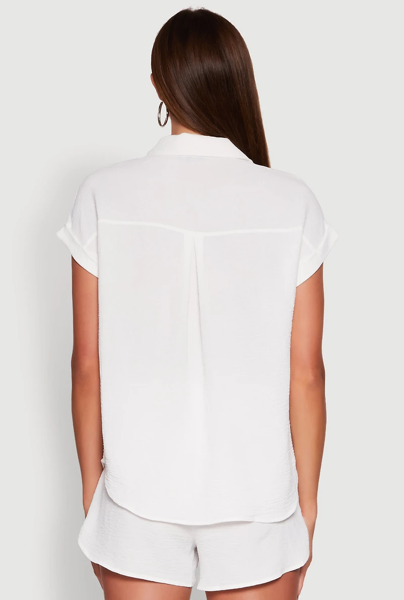 Womens Chic Crepe Knit Button Front Shirt with Flap Pockets, White, Size L
