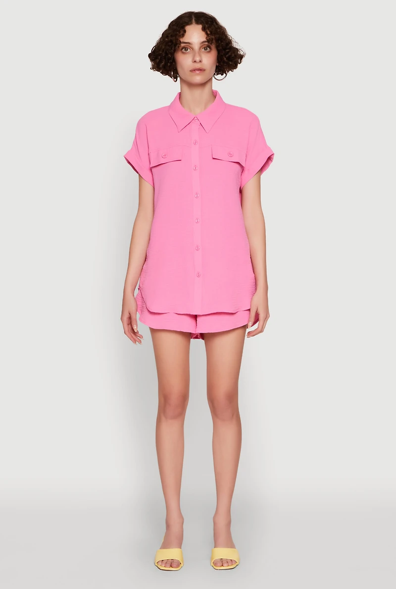 Chic Crepe Knit Button Front Shirt with Flap Pockets