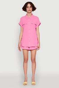 Chic Crepe Knit Button Front Shirt with Flap Pockets