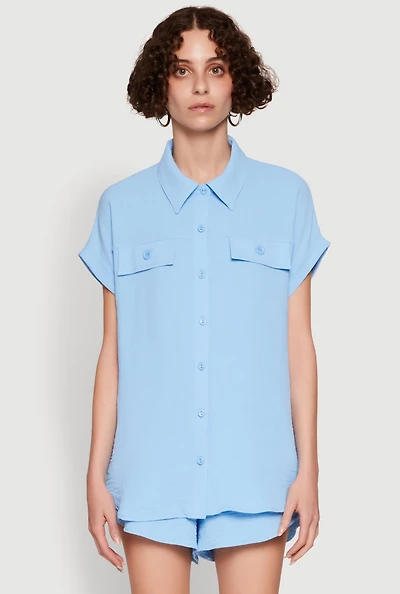 Womens Chic Crepe Knit Button Front Shirt with Flap Pockets, Blue,