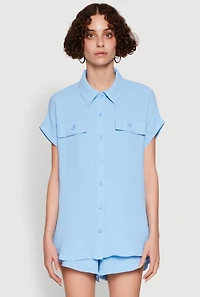 Chic Crepe Knit Button Front Shirt with Flap Pockets