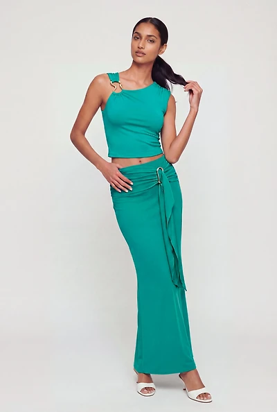 Belted Front High Waisted Maxi Skirt