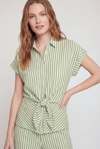 Striped Crepe Knit Button Front Blouse