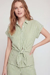 Striped Crepe Knit Button Front Blouse