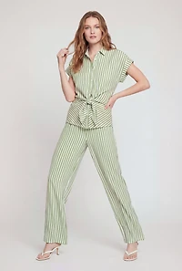 Striped Crepe Knit Button Front Blouse
