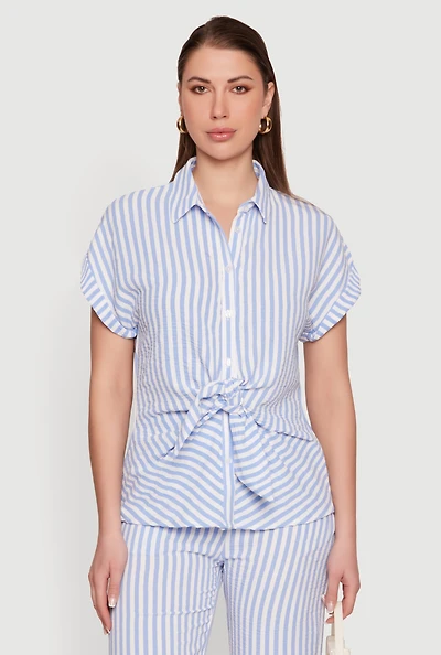 Striped Crepe Knit Button Front Blouse