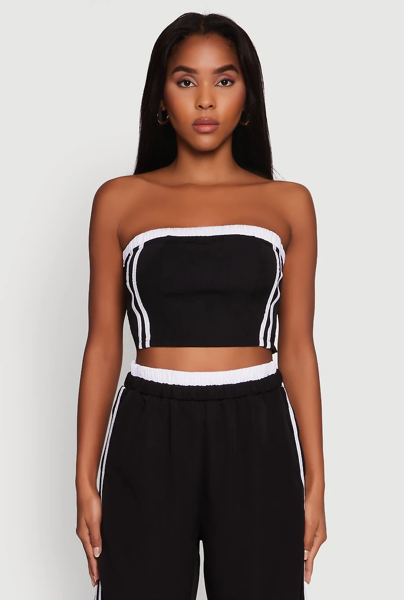 Womens Varsity Stripe Crop Tube Top, Black, Size XL
