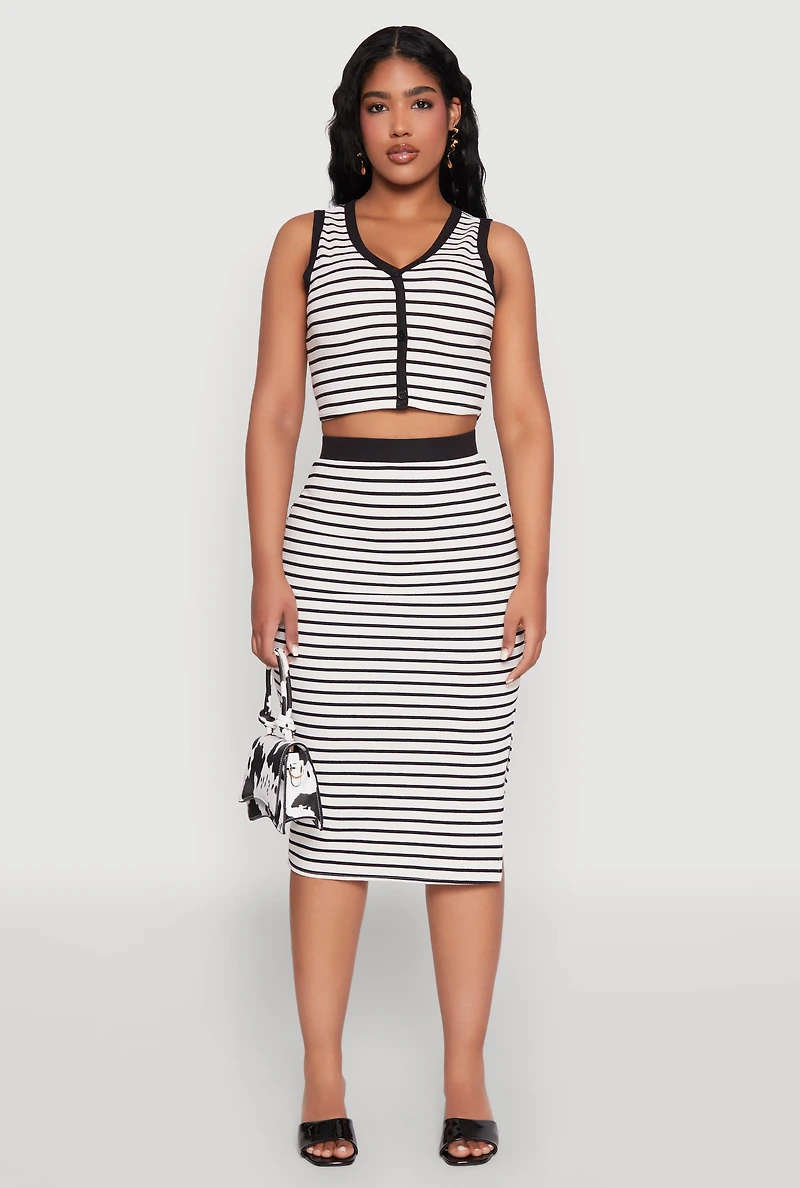 Striped V Neck Button Front Crop Top