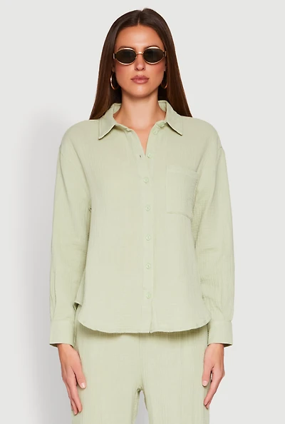 Womens Gauze Knit Shirt, Green, Size M
