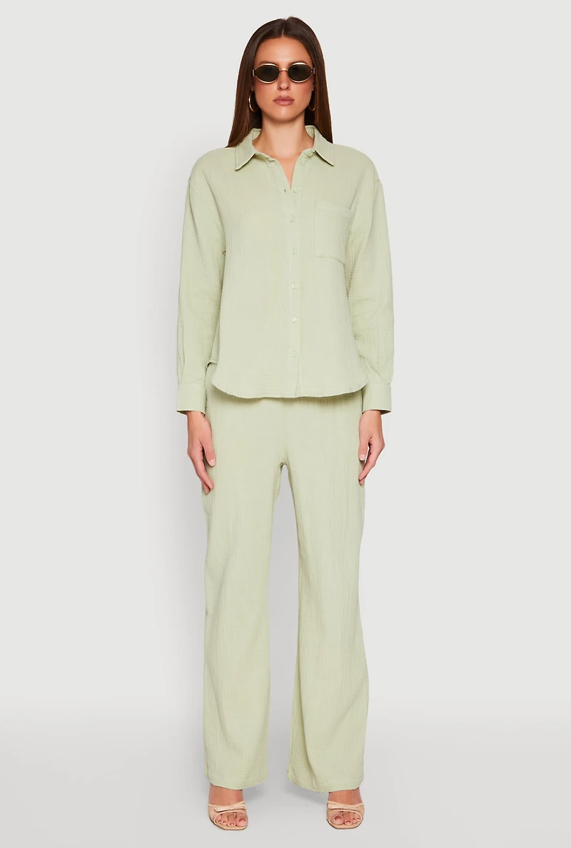 Womens Gauze Knit Pants, Green, Size L