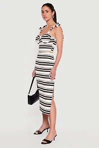 Striped Textured Knit Faux Tie Shoulder Crop Top