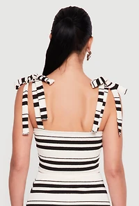 Striped Textured Knit Faux Tie Shoulder Crop Top
