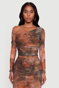 One Shoulder Side Ruched Mesh Crop Top