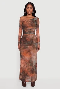 Womens One Shoulder Side Ruched Mesh Crop Top, Brown,