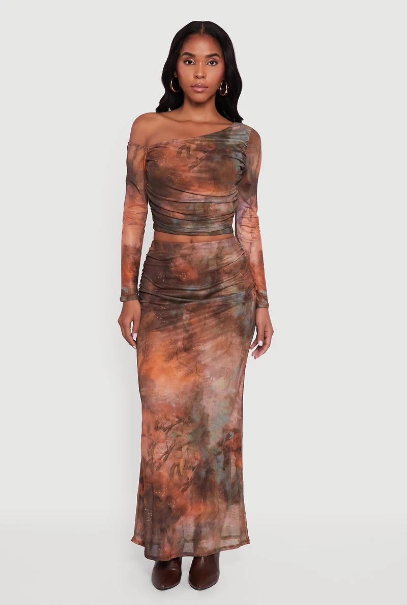 Womens One Shoulder Side Ruched Mesh Crop Top, Brown,