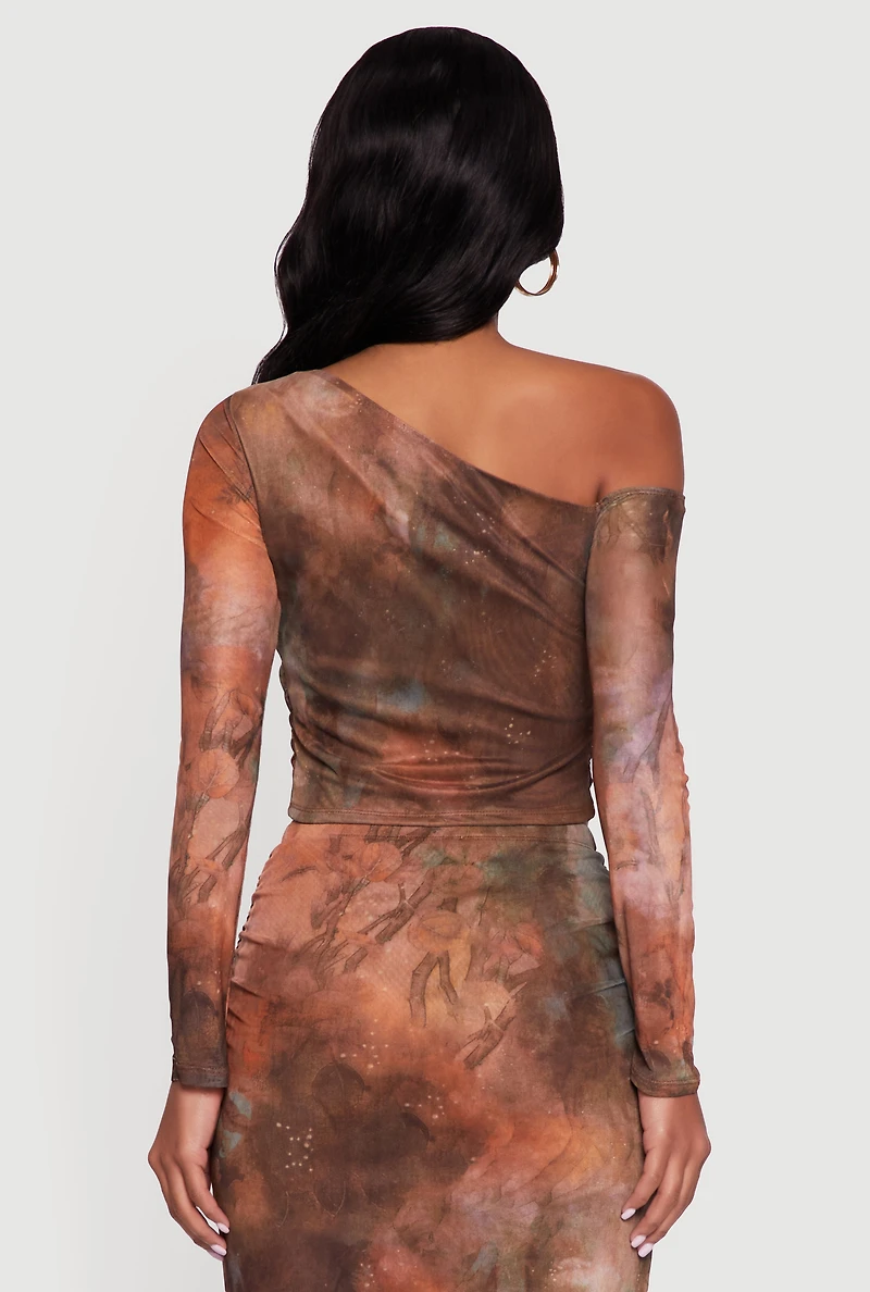 Womens One Shoulder Side Ruched Mesh Crop Top, Brown,