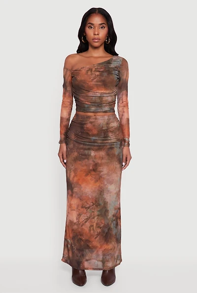 High Waisted Side Ruched Patterned Mesh Skirt