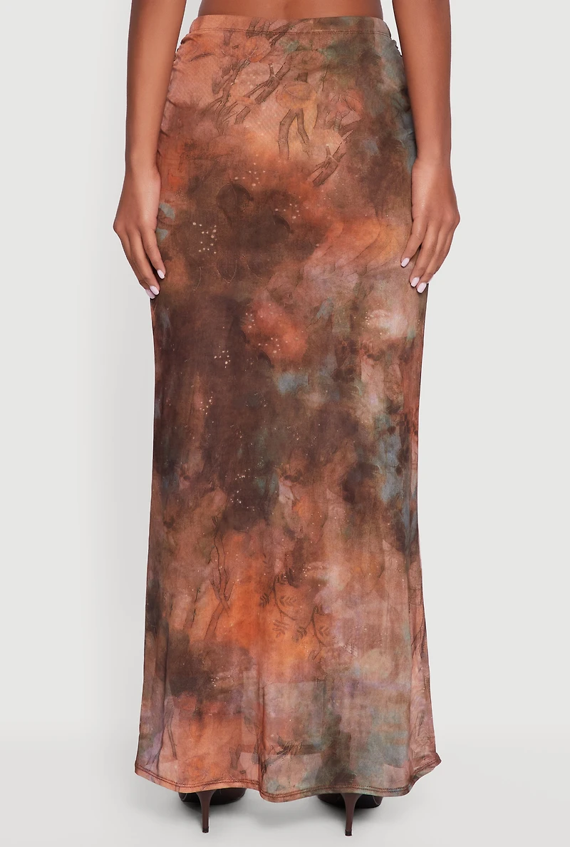 Womens High Waisted Side Ruched Patterned Mesh Skirt, Brown, Size M