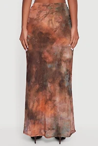 Womens High Waisted Side Ruched Patterned Mesh Skirt, Brown, Size M