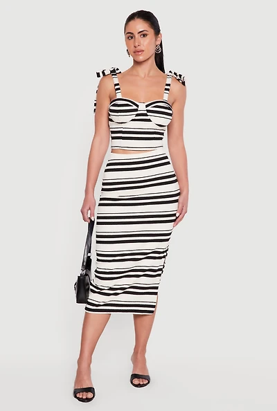Striped Textured Knit Side Slit Midi Skirt