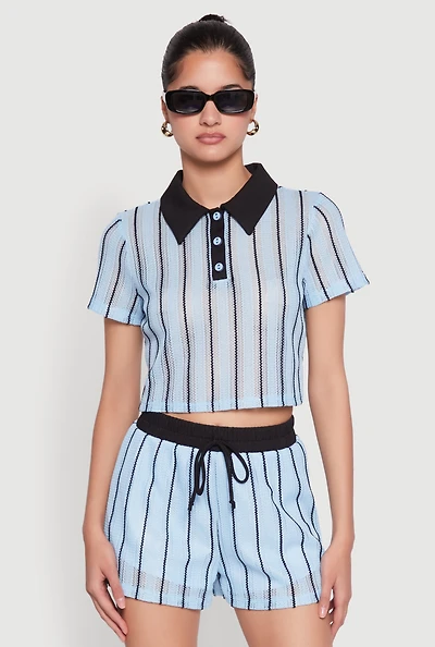 Womens Striped Crochet Crop Top, L