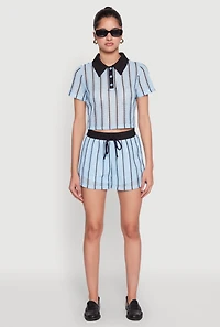 Womens Striped Crochet Crop Top, Blue, Size XL