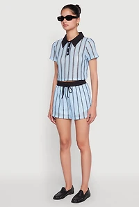Womens Striped Crochet Crop Top, Blue, Size XL
