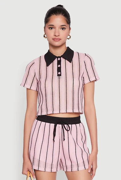 Womens Striped Crochet Crop Top, Pink, Size S