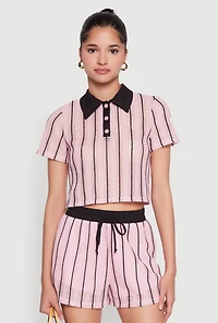 Womens Striped Crochet Crop Top, Pink, Size S