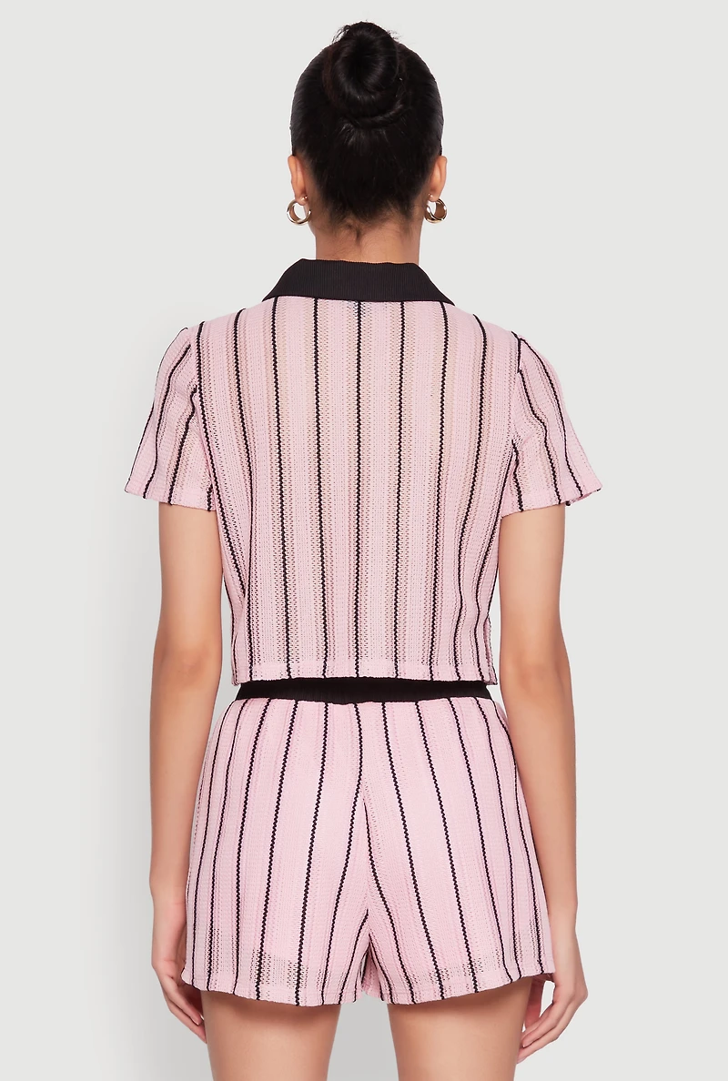 Womens Striped Crochet Crop Top, Pink,